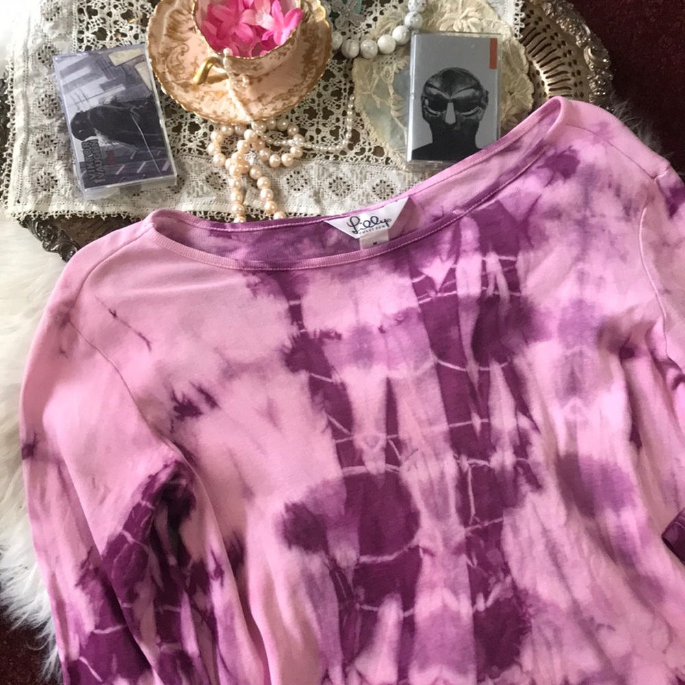 Lily Pulitzer Pima Cotton 3/4 Sleeve Tee Vintage Y2k White Label Tie Dye M Pink